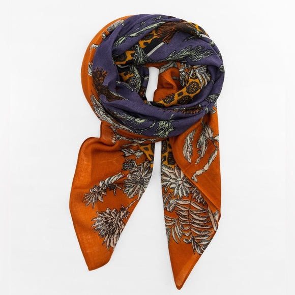 NWT. Zara Orange/Blue 100% Wool Printed Scarf. - Picture 7 of 9